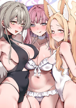 3girls :d :p absurdres animal_ear_fluff asymmetrical_docking bare_shoulders bikini black_one-piece_swimsuit blonde_hair blue_archive blush breast_press breasts casual_one-piece_swimsuit choker cleavage closed_mouth collarbone commentary_request covered_erect_nipples covered_navel cowboy_shot extra_ears feathered_wings flower frilled_bikini frills frown grey_hair hair_flower hair_ornament halo heavy_breathing highres large_breasts long_hair looking_at_viewer mika_(blue_archive) multiple_girls nagisa_(blue_archive) naughty_face navel one-piece_swimsuit open_mouth pink_eyes pink_hair purple_flower red_choker seia_(blue_archive) simple_background small_breasts smile swimsuit tea_party_(blue_archive) thigh_gap tongue tongue_out very_long_hair white_background white_bikini white_choker white_one-piece_swimsuit wing_collar wings yellow_eyes yuukauta