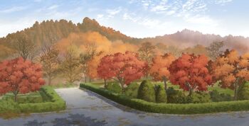 autumn_leaves bush cloud day forest grass hedge leaf mountainous_horizon nature no_humans original outdoors path plant road scenery tree yu02257951
