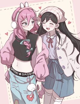 2girls absurdres animal_ear_headphones animal_ears aubrey_(birthday)_(omori) aubrey_(faraway)_(omori) aubrey_(omori) black_hair blue_bow blue_eyes blue_shorts blush bow braid breasts cardigan character_charm charm_(object) closed_eyes closed_mouth crop_top denim double-parted_bangs fake_animal_ears fashion forest_bunny?_(omori) hair_behind_ear hair_between_eyes hair_bow hair_ornament hairclip headphones heart highres jacket jeans long_hair looking_at_another low_twin_braids mari_(birthday)_(omori) mari_(faraway)_(omori) mari_(omori) multiple_girls navel omori open_cardigan open_clothes pants pink_cardigan pink_hair rabbit_ear_headphones rabbit_ears shorts small_breasts smile thighhighs torn_clothes torn_jeans torn_pants twin_braids white_jacket white_thighhighs wktdms1 y2k_fashion