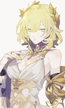1girl aglaea_(honkai:_star_rail) blonde_hair breasts chest_tattoo cleavage commentary dress edamameko210 floral_print flower greco-roman_clothes green_eyes hair_between_eyes highres honkai:_star_rail honkai_(series) jewelry laurel_crown medium_hair necklace parted_lips ribbon ring single_bare_shoulder tattoo upper_body yellow_nails