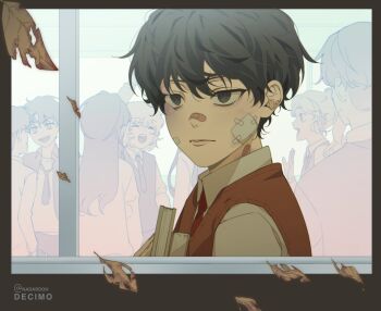 6+others bags_under_eyes bandage_on_face bandages bandaid bandaid_on_face bandaid_on_nose black_eyes black_hair blank_stare book brown_vest collared_shirt exhausted facing_viewer falling_leaves highres holding holding_book hugging_book hugging_object kim_dokja leaf multiple_others nadardoh necktie oldest_dream omniscient_reader&#039;s_viewpoint people pov red_necktie shirt short_hair upper_body vest white_shirt window