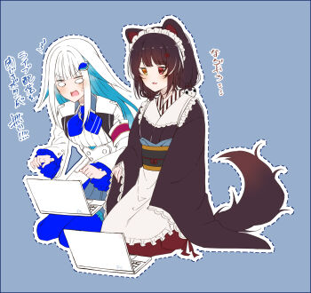 2girls animal_ears blue_hair blue_thighhighs brown_dress brown_hair colored_inner_hair computer dog_ears dog_girl dog_tail dress gradient_hair hair_ornament hairpin heterochromia highres inui_toko inui_toko_(1st_costume) jacket japanese_clothes laptop lize_helesta lize_helesta_(1st_costume) long_hair maid maid_headdress multicolored_hair multiple_girls nijisanji open_mouth red_eyes shigure_(sigre) sidelocks smile tail thighhighs virtual_youtuber wa_maid white_background white_hair white_headdress white_jacket yellow_eyes