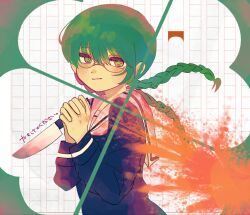 Rule 34 | 1girl, black shirt, blush, border, braid, closed mouth, clover, clover knight (vocaloid), commentary request, floating hair, four-leaf clover, genkou youshi, glasses, green border, green eyes, green hair, half-closed eyes, highres, holding, holding knife, knife, long hair, long sleeves, looking at viewer, low twin braids, own hands clasped, own hands together, reverse grip, sailor collar, school uniform, serafuku, shirt, smile, solo, splatter, translation request, tsukudani (nimono0815), twin braids, two-handed, vocaloid, white background, white sailor collar