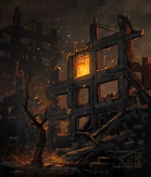 abandoned bare_tree battlefield boris_groh broken_window building christmas christmas_lights cityscape debris dilapidated hallucination highres no_humans object_focus original outdoors rubble ruins russo-ukrainian_war scenery snow snowing tree ukraine war winter wreckage