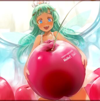 1girl blue_eyes borrowed_character cherry commentary_request cowboy_shot fairy food fruit grey_hair holding holding_food holding_fruit long_hair mini_person minigirl original sachito solo