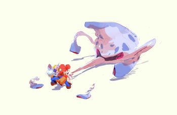 1boy absurdres big_nose bloopad blue_eyes blue_overalls brown_hair brown_shoes clenched_teeth commentary determined dress_shoes english_commentary f.l.u.d.d. facial_hair fighting gloves hat highres jason_lupas leaning_forward looking_at_animal mario mario_(series) mustache newsboy_cap nintendo overalls pulling red_hat red_shirt robot shirt shoes short_hair short_sleeves simple_background squid super_mario_sunshine t-shirt teeth thick_eyebrows v-shaped_eyebrows white_gloves yellow_background