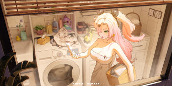 1girl absurdres amillion_(zenless_zone_zero) anby_demara aoiro_xiaolan artist_name bangboo_(zenless_zone_zero) basket billy_kid black_ribbon breasts cellphone character_name cleavage dated doll earrings electrical_outlet flip_phone hair_ornament hair_over_one_eye hairclip highres holding holding_basket holding_phone indoors jewelry large_breasts laundry laundry_basket mirror naked_towel nicole_demara phone pink_hair ribbon rubber_duck solo tissue_box toothbrush towel washing_machine window zenless_zone_zero