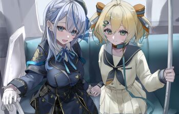 Rule 34 | 1046u, 2girls, ahoge, amagai ruka, appare hinata, beret, blonde hair, blue eyes, blue hair, blue ribbon, braid, breasts, collarbone, collared shirt, commentary request, dot nose, ear piercing, gloves, green eyes, grey hair, hair between eyes, hair ornament, hat, highres, holding hands, large breasts, long hair, long sleeves, looking at viewer, multicolored hair, multiple girls, open mouth, piercing, ribbon, shirt, skirt, small breasts, virtual youtuber, weather planet, white gloves, white shirt