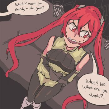 casting_couch couch davewaterfalls fire_emblem fire_emblem_awakening nintendo red_eyes red_hair severa_(fire_emblem) sitting speech_bubble sweat twintails