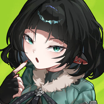 1girl absurdres animal_ears black_gloves black_hair blue_eyes commentary commentary_request cosmicveil dotted_background earrings english_commentary fingerless_gloves fur-trimmed_jacket fur_trim gloves green_background grey_jacket highres jacket jane_doe_(zenless_zone_zero) jewelry looking_at_viewer mixed-language_commentary mouse_ears mouse_girl notched_ear open_mouth pointing pointing_at_self portrait red_nails solo zenless_zone_zero