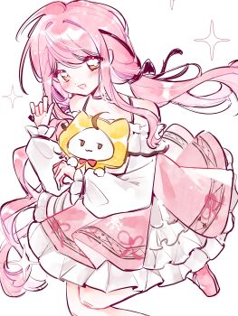 Rule 34 | 1girl, absurdres, ahoge, animal, bare shoulders, belt, black belt, black bow, black ribbon, bow, bowtie, bra strap, brown eyes, cat, chinese commentary, choker, circle skirt, cloak, closed mouth, clothed animal, commentary request, dot nose, ear covers, eyelashes, eyes visible through hair, foot out of frame, frilled skirt, frilled sleeves, frills, hair bow, hair ribbon, happy, highres, holding, holding animal, holding cat, hood, hood up, hooded cloak, infinity nikki, layered skirt, leg up, light blush, long hair, long sidelocks, long sleeves, low twintails, luxiancai, mary janes, medium skirt, momo (nikki), nikki (nikki), nikki (series), off-shoulder shirt, off shoulder, open mouth, perfect start (infinity nikki), petals, pink choker, pink hair, pink shoes, pink skirt, puffy long sleeves, puffy sleeves, red bow, red bowtie, ribbon, shirt, shoes, sidelocks, simple background, skirt, sleeves past wrists, smile, socks, sparkle, tareme, traditional bowtie, tress ribbon, twintails, variant set, very long hair, white background, white cat, white shirt, white skirt, white socks, yellow cloak