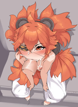 1boy 1girl animal_ears arrax_(wdah8558) bare_shoulders barefoot bear_ears blush breasts cum cum_in_mouth disembodied_penis eyepatch fake_animal_ears fellatio from_above hair_between_eyes hetero highres koleda_belobog loli long_hair looking_at_viewer looking_up nipples nose_blush oral orange_hair pants penis red_eyes red_hair sitting small_breasts solo_focus topless_female twintails uncensored white_pants zenless_zone_zero