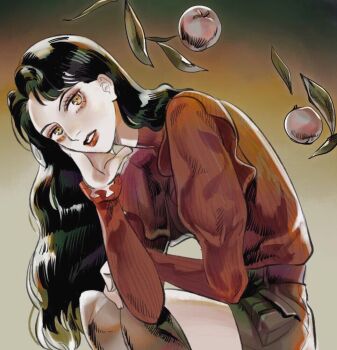 1girl commentary food frilled_sleeves frills fruit green_hair head_rest jojo_no_kimyou_na_bouken kuujou_jolyne leaf long_hair masakenme parted_lips solo