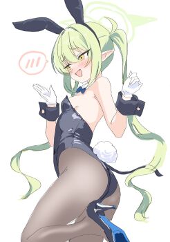 1girl :d alternate_costume animal_ear_hairband animal_ears arms_up bare_shoulders black_hairband black_leotard black_pantyhose black_shoes blue_archive blue_bow blue_bowtie blue_hair blush bowtie breasts buttoned_cuffs buttons cleavage_cutout clothing_cutout cowboy_shot detached_collar ear_blush facing_to_the_side fake_animal_ears fake_tail fang feet_up gloves green_halo hair_between_eyes hairband halo hands_up headband high_heels highleg highleg_leotard highres kamitosayu leg_up leotard loli long_hair looking_at_another navel_cutout nozomi_(blue_archive) open_mouth pantyhose playboy_bunny pointy_ears rabbit_ears rabbit_tail shiny_clothes shoes sideboob simple_background small_breasts smile solo spoken_blush standing standing_on_one_leg strapless strapless_leotard tail thighs twintails very_long_hair white_background white_gloves wrist_cuffs yellow_eyes
