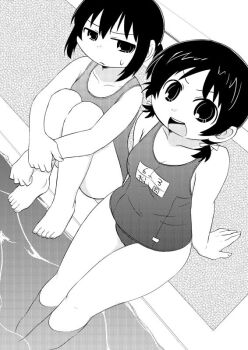 2girls breasts cleavage collarbone commentary_request dot_nose from_above frown gachon_jirou hair_ribbon knees_up long_hair looking_at_another looking_at_viewer marui_hitoha matsuoka_sakiko medium_hair mitsudomoe_(manga) monochrome multiple_girls one-piece_swimsuit open_mouth partially_submerged ponytail pool ribbon short_twintails sidelocks sitting small_breasts smile sweatdrop swimsuit teeth twintails upper_teeth_only wet