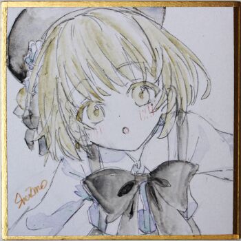 1girl :o absurdres beret black_bow black_hat blush bow brown_eyes brown_hair collared_shirt commentary_request dress_shirt flower hair_flower hair_ornament hat hatoba_tsugu highres looking_at_viewer parted_lips photo_(medium) sha2mo shikishi shirt signature skirt solo suspender_skirt suspenders traditional_media tsugu_(vtuber) virtual_youtuber white_flower white_shirt