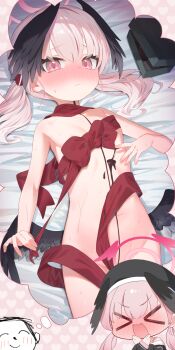 >_< 1boy 1girl bed_sheet beret black_hat black_wings blue_archive blush chibi chibi_inset chocolate chocolate_on_body closed_eyes closed_mouth doodle_sensei_(blue_archive) food_on_body halo hat head_wings heart heart_background highres imagining koharu_(blue_archive) loli long_hair looking_at_viewer low_wings lying naked_ribbon navel on_back open_mouth pink_eyes pink_hair red_ribbon ribbon sensei_(blue_archive) speech_bubble sweat thought_bubble tofu1601 twintails valentine wings