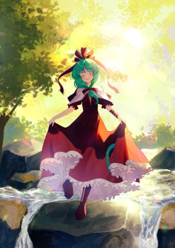 1girl :d absurdres blush boots bow brown_boots closed_eyes collared_dress commentary dress frilled_bow frilled_dress frills front_ponytail green_hair hair_bow highres kagiyama_hina lace leaf light_rays medium_hair nettian51 on_rock open_mouth red_bow red_dress short_sleeves skirt_hold smile solo standing standing_on_one_leg standing_on_rock touhou tree water water_stream