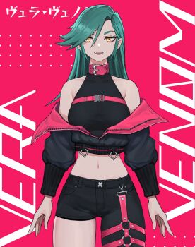 1girl aqua_hair arms_at_sides asymmetrical_pants bare_shoulders belt black_jacket black_pants black_shirt black_shorts blue_hair breasts buckle character_name chest_belt commentary cowboy_shot crop_top cropped cropped_jacket dot_nose english_commentary eyebrows_hidden_by_hair green_hair hair_between_eyes hair_over_one_eye half-closed_eyes highres indie_virtual_youtuber jacket large_breasts long_eyelashes long_hair long_sleeves midriff narrowed_eyes navel off_shoulder pants parted_bangs partially_open_jacket partially_unzipped pink_background pink_belt pink_jacket puffy_long_sleeves puffy_sleeves shirt short_shorts shorts sidelocks sleeveless sleeveless_turtleneck slit_pupils smile snap-fit_buckle solo standing text_background thick_eyelashes thigh_belt thigh_strap thighs tight_clothes tight_pants turtleneck two-sided_fabric two-sided_jacket vertigris yellow_eyes