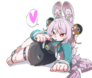 1girl ahoge animal_ear_fluff animal_ear_piercing animal_ears animal_feet braid bright_pupils caseee999 commentary_request furry furry_female highres long_hair looking_at_viewer medallion pink_fur pink_hair rabbit_ears rabbit_girl red_eyes screw short_eyebrows solo white_pupils zenless_zone_zero zhao_(zenless_zone_zero)