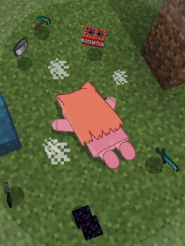 Rule 34 | 1girl, absurdres, animal ears, block (minecraft), blue archive, cat ears, cat girl, chibi, chibi only, death, dress, explosive, game screenshot background, grass, hands up, highres, horuhara, long hair, long sleeves, lying, mari (blue archive), minecraft, minecraft pickaxe, minecraft sword, on stomach, orange hair, pickaxe, pink dress, pink shoes, screenshot background, shoes, solo, sword, tnt, tnt block (minecraft), weapon