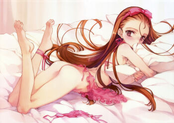 1girl ankle_ribbon anklet ass barefoot blush brown_eyes brown_hair feet female_focus highres idolmaster idolmaster_(classic) jewelry leg_ribbon legs loli long_hair long_legs lying minase_iori namco no_panties on_stomach ooyari_ashito panties pillow pink_panties ribbon side-tie_panties solo thighs toes underwear