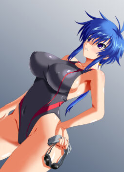 1girl antenna_hair black_one-piece_swimsuit blue_hair blush breasts cameltoe competition_swimsuit covered_erect_nipples covered_navel cowboy_shot dutch_angle female_focus flipped_hair from_side gedoumaru goggles gradient_background grey_background groin hair_tubes hand_on_own_hip highleg highleg_one-piece_swimsuit holding kiryuu_kaede kyouiku_shidou large_breasts long_hair looking_to_the_side low_ponytail one-piece_swimsuit parted_lips ponytail purple_eyes reference_work sideboob sidelocks solo standing swim_cap swimsuit taut_clothes taut_swimsuit thighs wide_hips