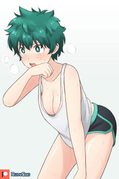 1girl absurdres artist_name bare_arms bare_shoulders black_shorts blush boku_no_hero_academia breasts collarbone dolphin_shorts downblouse freckles genderswap genderswap_(mtf) green_eyes green_hair hand_on_own_knee hand_up highres leaning_forward medium_breasts messy_hair midoriya_izuku nose_blush open_mouth patreon_logo rudy_saki short_hair short_shorts shorts simple_background solo sweat tank_top white_background white_tank_top