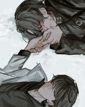 2boys black_coat black_eyes black_hair black_shirt blood blood_on_face coat collared_shirt hashtag-only_commentary highres holding_hands jpqaa5 kim_dokja kiss kissing_hand male_focus multiple_boys multiple_scars omniscient_reader&#039;s_viewpoint scar scar_on_hand shirt short_hair white_coat yoo_joonghyuk