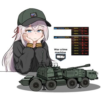 1girl a-222_bereg alisa_mikhailovna_kujou alternate_costume artillery baseball_cap blue_eyes blush broken_arrow_(game) closed_mouth coastal_artillery cocktiel77 commentary_request country_connection crossed_bangs crossover eight-wheel_drive elbows_on_table english_text frown gameplay_mechanics green_hat green_jacket grey_hair hair_between_eyes hair_ribbon hat head_rest jacket korean_commentary long_hair looking_at_viewer military military_truck military_vehicle motor_vehicle radio_antenna red_ribbon ribbon ribbon_of_saint_george russian_flag screenshot_inset self-propelled_artillery shadow simple_background solo sweat tokidoki_bosotto_roshia-go_de_dereru_tonari_no_alya-san truck white_background z_(russian_symbol)