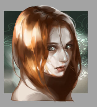 1girl art_study border brown_hair closed_mouth cropped_head green_background grey_border grey_eyes hair_between_eyes highres lips long_hair looking_at_viewer lydialing_draws nose original parted_hair realistic solo
