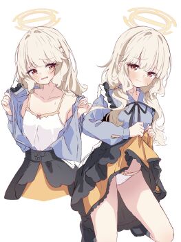1girl alternate_costume alternate_hair_length_(longer) aoba_(blue_archive) bare_legs black_ribbon black_skirt black_socks blonde_hair blue_archive blue_shirt blush bow bow_camisole bow_panties camisole closed_mouth clothes_lift collarbone embarrassed flat_chest frills hair_ornament hair_over_shoulder hairclip halo high-waist_skirt highres jirai_kei kanikama_acedia kneeling layered_skirt lifting_own_clothes loli long_hair long_sleeves looking_at_viewer low_twintails multiple_views off_shoulder open_clothes open_shirt orange_halo orange_skirt panties red_eyes ribbon shirt shirt_lift shirt_tucked_in simple_background single_bare_shoulder skirt skirt_lift socks sweatdrop thighs twintails underwear very_long_hair wavy_mouth white_background white_camisole white_panties yellow_halo
