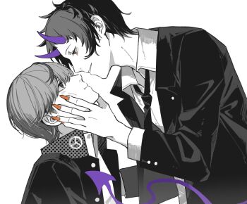 2boys adachi_tooru black_jacket black_necktie chouti_ttt closed_mouth commentary_request demon_horns demon_tail fingernails greyscale hand_on_another&#039;s_face highres horns jacket long_fingernails looking_at_another male_focus monochrome multiple_boys narukami_yu necktie orange_eyes orange_nails parted_lips persona persona_4 purple_horns purple_tail school_uniform shirt short_hair simple_background smile spot_color squeezing_cheeks tail upper_body white_background white_shirt wing_collar yaoi yasogami_school_uniform