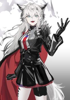 1girl absurdres animal_ears arknights black_gloves black_jacket black_skirt blue_eyes bolo_tie cape commentary cowboy_shot gloves gradient_background grey_background hair_between_eyes hair_ornament hairclip hand_up high-waist_skirt highres jacket koto_(tdms5244) lappland_(arknights) lappland_the_decadenza_(arknights) long_hair looking_at_viewer material_growth mixed-language_commentary open_mouth oripathy_lesion_(arknights) red_cape scar scar_across_eye scar_on_face sketch skirt solo standing tail white_background white_hair white_tail wolf_ears wolf_girl wolf_tail