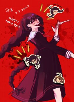 Rule 34 | 2girls, absurdres, ahoge, arrow (symbol), blood, blood splatter, braid, brown hair, bullet, cakesplice, character name, chibi, chibi inset, closed eyes, collared shirt, commentary, danganronpa: trigger happy havoc, danganronpa (series), danganronpa another episode: ultra despair girls, dated, earrings, english commentary, eyelashes, fangs, fingernails, fukawa toko, genocider shou, glasses, hair between eyes, happy birthday, highres, holding, holding scissors, holding weapon, jewelry, long fingernails, long hair, long skirt, long sleeves, long tongue, multiple girls, naegi komaru, neckerchief, open mouth, outline, purple hair, purple serafuku, purple shirt, purple skirt, red background, red eyes, red neckerchief, sailor collar, school uniform, scissors, serafuku, sharp fingernails, shirt, short hair, skirt, skirt set, smile, sneezing, solo focus, splatter background, teeth, tongue, tongue out, twin braids, twintails, very long hair, weapon, white outline, white sailor collar