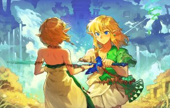 1boy 1girl 9twoeight absurdres archaic_set_(zelda) blonde_hair blue_eyes dress earrings floating_island gloves grass green_tunic highres jewelry link making-of_available master_sword nintendo pointy_ears princess_zelda ruins short_hair sword the_legend_of_zelda the_legend_of_zelda:_tears_of_the_kingdom triforce triforce_print tunic water waterfall weapon