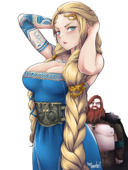 1boy 1girl adjusting_hair arm_tattoo arms_up beard blonde_hair blue_dress blue_eyes breasts dress facial_hair god_of_war god_of_war_ragnarok highres husband_and_wife large_breasts long_hair looking_at_viewer mature_female ravenhart sif_(god_of_war) simple_background tattoo thor_(god_of_war) very_long_hair