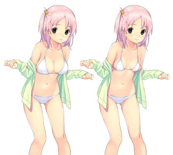1girl ahoge bare_shoulders bikini bikini_under_clothes breasts cleavage collarbone commentary_request feet_out_of_frame green_shirt grey_eyes hair_ornament heart heart_hair_ornament koutaro long_hair long_sleeves medium_breasts multiple_views navel off_shoulder one_side_up open_clothes open_shirt original pink_hair shirt simple_background sleeves_past_wrists small_breasts standing star_(symbol) star_hair_ornament swimsuit variations white_background white_bikini