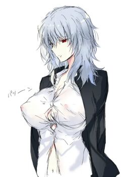 1girl alternate_costume arm_behind_back black_jacket breasts expressionless gakuran genderswap genderswap_(mtf) houkiri_nemu jacket large_breasts navel nipples open_clothes open_jacket pale_skin red_eyes school_uniform shirt sketch solo souya_high_school_uniform tsukihime tsukihime_(remake) undersized_clothes upper_body vampire vlov_arkhangel wardrobe_malfunction white_hair white_shirt