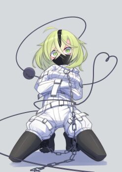 1girl ahoge ankle_cuffs arms_across_body arms_under_breasts bags_under_eyes bound bound_ankles bound_arms chain crazy_eyes gagged green_eyes green_hair grey_background heart heart_of_string highres kneeling komeiji_koishi looking_at_viewer menou_74 sanpaku solo straitjacket third_eye tied_up_(nonsexual) touhou variant_set