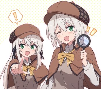 ! 2girls :d ;d amnesia_(majo_no_tabitabi) avilia_(majo_no_tabitabi) blush bow bowtie brown_capelet brown_hat capelet collared_shirt commentary_request green_eyes grey_hair grey_vest hat holding holding_magnifying_glass long_sleeves looking_at_viewer magnifying_glass majo_no_tabitabi multiple_girls newsboy_cap notice_lines one_eye_closed open_mouth outline pink_outline polka_dot polka_dot_background shiroirosky shirt short_hair smile spoken_exclamation_mark upper_body vest white_shirt yellow_bow yellow_bowtie