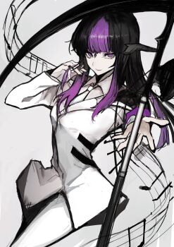 Rule 34 | 1girl, absurdres, au ra, black hair, black scales, chuhaibane, closed mouth, commission, da capo (e.g.o), e.g.o (project moon), final fantasy, final fantasy xiv, formal clothes, hand in own hair, highres, holding, holding weapon, horns, lobotomy corporation, long hair, long sleeves, looking at viewer, multicolored hair, musical note, necktie, pants, project moon, purple eyes, purple hair, scales, scythe, simple background, skeb commission, smile, solo, streaked hair, suit, warrior of light (ff14), weapon, white background, white necktie, white pants, white suit