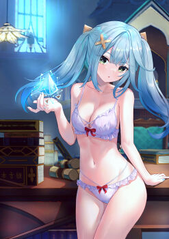 1girl :o absurdres aqua_hair arm_support bare_arms bare_shoulders benzi_li blue_nails blurry blurry_background book book_stack bow bow_bra bow_panties bra breasts cleavage collarbone cowboy_shot cross-laced_clothes eyes_visible_through_hair faruzan_(genshin_impact) floating floating_hair floating_object frilled_panties frills genshin_impact green_eyes hair_ornament head_tilt highres jewelry lamp long_hair looking_at_viewer medium_breasts nail_polish navel neck_ring panties parted_lips scroll solo standing stomach symbol-shaped_pupils table thighs triangle-shaped_pupils twintails underwear underwear_only white_bra white_panties window x_hair_ornament