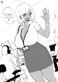 1girl armlet artist_name bag barbell_piercing black_skirt breasts bright_pupils character_name cleavage collarbone collared_shirt computer covered_erect_nipples dark-skinned_female dark_skin desk ear_piercing english_text greyscale gyaru handbag heart high-waist_skirt highres huge_breasts jewelry lanyard monitor monochrome norman_maggot office_lady olverse original partially_open_shirt pencil_skirt piercing sarah_(ol-chan) shirt short_hair short_sleeves skirt solo speech_bubble sweater swept_bangs thighs white_hair white_pupils white_shirt