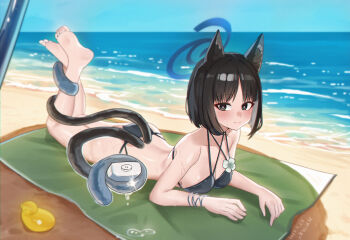 1girl absurdres animal_ear_fluff animal_ears arm_support artist_name ass back barefoot beach bikini black_eyes black_hair blanket blue_archive blue_halo blush bob_cut breasts bright_pupils cat_ears cat_girl cat_tail cleavage closed_mouth commentary criss-cross_halter dated day dutch_angle feet full_body glint halo halterneck highres holding holding_sunscreen holding_with_tail kikyou_(blue_archive) kikyou_(swimsuit)_(blue_archive) legs looking_at_viewer lotion lying medium_breasts medium_hair multi-strapped_bikini_bottom multi-strapped_bikini_top multiple_tails ocean official_alternate_costume on_stomach outdoors prehensile_tail rubber_duck shangdi_de_fa_zhang smile soles solo sunscreen swimsuit tail tail_around_own_leg the_pose toes tsurime two_tails wet white_pupils
