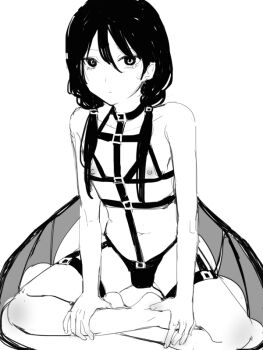 1boy armpit_crease armpits bare_shoulders barefoot bulge closed_mouth commentary_request crossdressing crossdressing_(mtf) full_body hair_between_eyes hair_ornament hair_scrunchie indian_style long_hair looking_at_viewer low_twintailed_boy_(sunaba_(nczd5875)) low_twintails low_wings male_focus monochrome navel nipples original partial_commentary revealing_clothes scrunchie simple_background sitting sketch solo sunaba_(nczd5875) trap twintails white_background wings