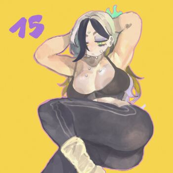 1girl armpits arms_behind_head arms_up ass black_hair black_pants black_sports_bra blonde_hair breasts cleavage colored_sclera crop_top exercising eyeshadow feet_out_of_frame fire full_body green_eyes green_fire hair_over_one_eye half-closed_eyes highres keziedra large_breasts long_hair looking_to_the_side macaron_(keziedra) makeup multicolored_hair numbered original outline pants purple_eyeshadow purple_outline simple_background solo sports_bra tight_clothes tight_pants two-tone_hair yellow_background yellow_sclera yoga_pants