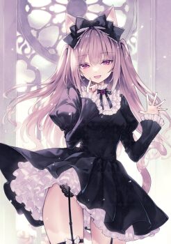 Rule 34 | 1girl, animal ears, black bow, black dress, blush, bow, breasts, cat ears, cat girl, cat tail, dress, garter straps, hair bow, highres, hirano katsuyuki, indoors, long hair, long sleeves, looking at viewer, medium breasts, nail polish, open mouth, original, purple eyes, purple hair, purple nails, smile, solo, tail, thigh strap