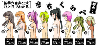 Rule 34 | 6+girls, beatmania iidx, bemani, bikini, black hair, blush, bottomless, bra, breasts, bust chart, casual one-piece swimsuit, commentary request, dark-skinned female, dark skin, dj sakura, flat chest, from side, front-tie top, green eyes, green hair, hg (goli59), hinazuki ririna, hishimiya tsugaru, kitami erika, large breasts, lineup, long hair, medium breasts, mizushiro celica, multiple girls, nyah, one-piece swimsuit, orange eyes, orange hair, partially translated, pink eyes, pink hair, ponytail, profile, purple eyes, purple hair, red eyes, revision, short hair, sideboob, simple background, small breasts, strapless, string bikini, striped bra, striped clothes, swimsuit, translation request, tube top, twintails, umegiri iroha, underwear, white background, xiatian (beatmania)