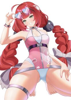 absurdres adjusting_eyewear ahoge bare_shoulders barefoot beiganglamian braid breasts chinese_commentary cleavage commentary_request feet green_eyes heart heart-shaped_eyewear highres kneeling long_hair looking_at_viewer medium_breasts official_alternate_costume red_hair simple_background skindentation smile thigh_strap thighs toes twin_braids two-tone_one-piece_swimsuit ukinami_yuzuha ukinami_yuzuha_(tanuki_in_broad_daylight) very_long_hair white_background zenless_zone_zero